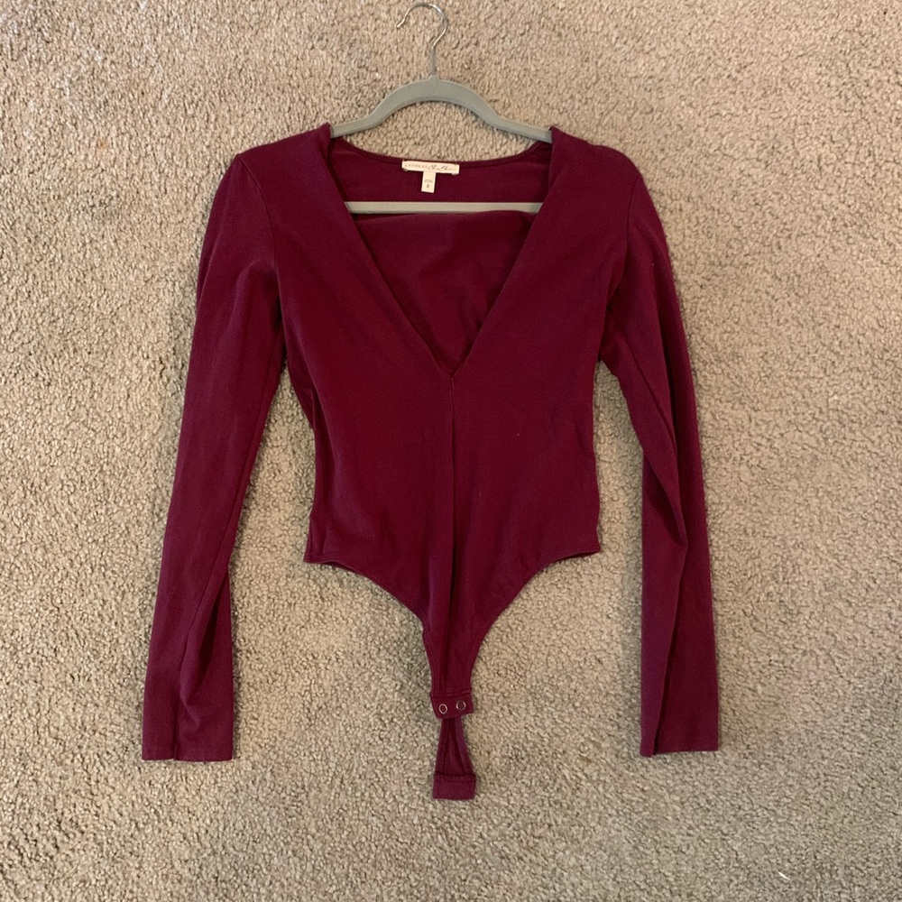 Maroon Long Sleeve Low Cut Bodysuit Thong